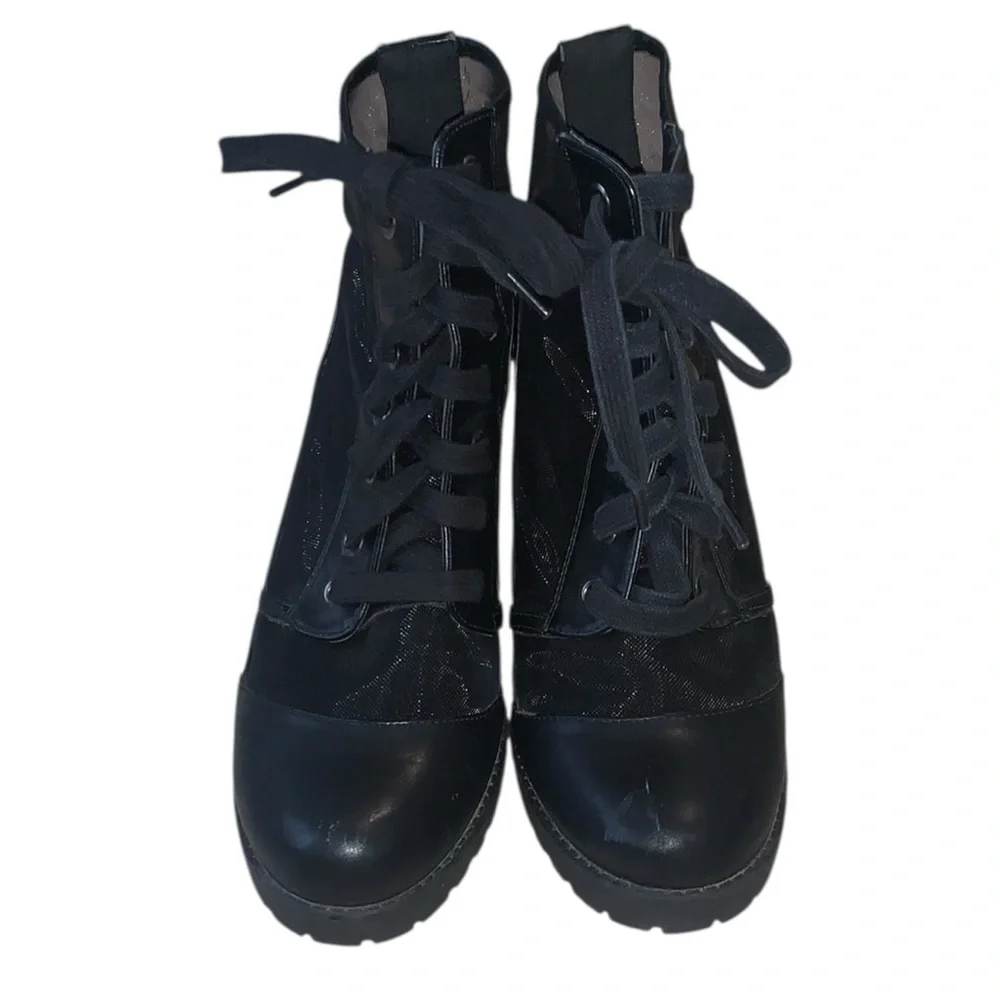 Forever 21 Black Mesh Ankle Booties Block Heel Boots Lace Up Moto Goth Sheer - Picture 2 of 8